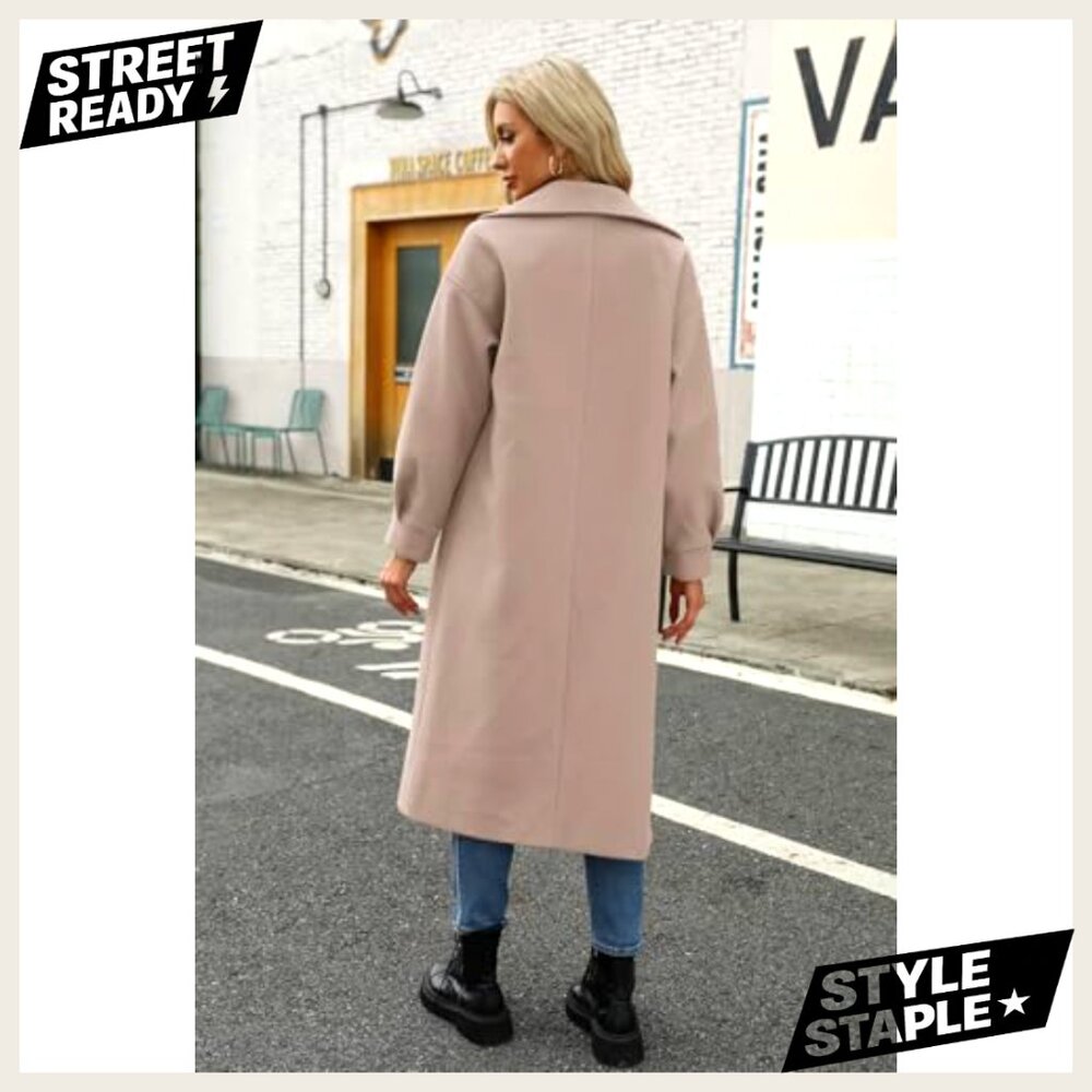 Long Wool Blend Pea Coat Double Breasted Notched Lapel Winter Overcoat - Picture 3 of 7